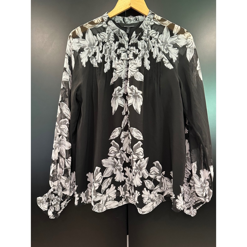 White House Black Market Elena Floral Pleated Blouse Black White Small 570345762